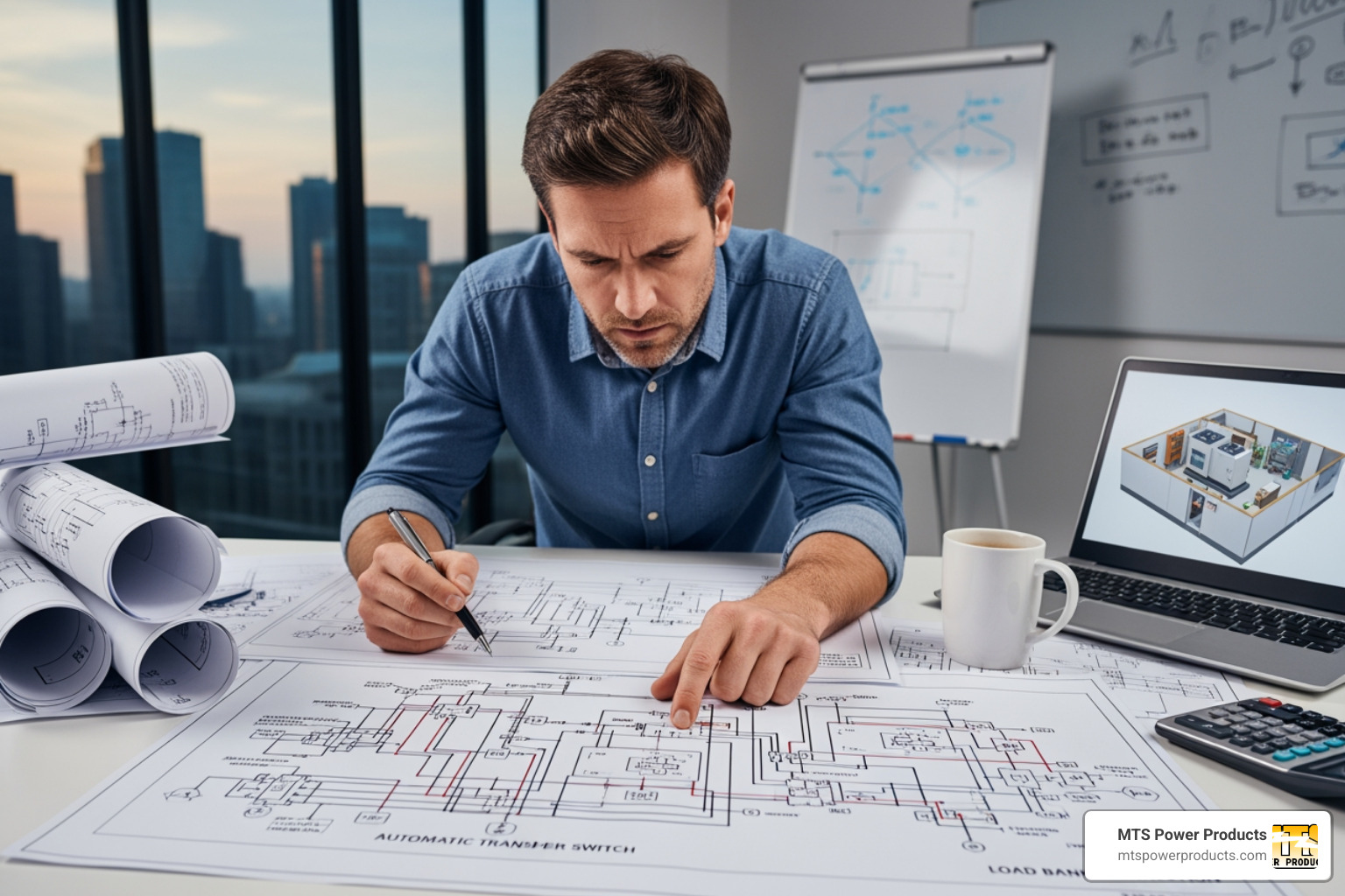 An engineer reviewing electrical plans for a generator installation, emphasizing the planning phase. - commercial standby generator