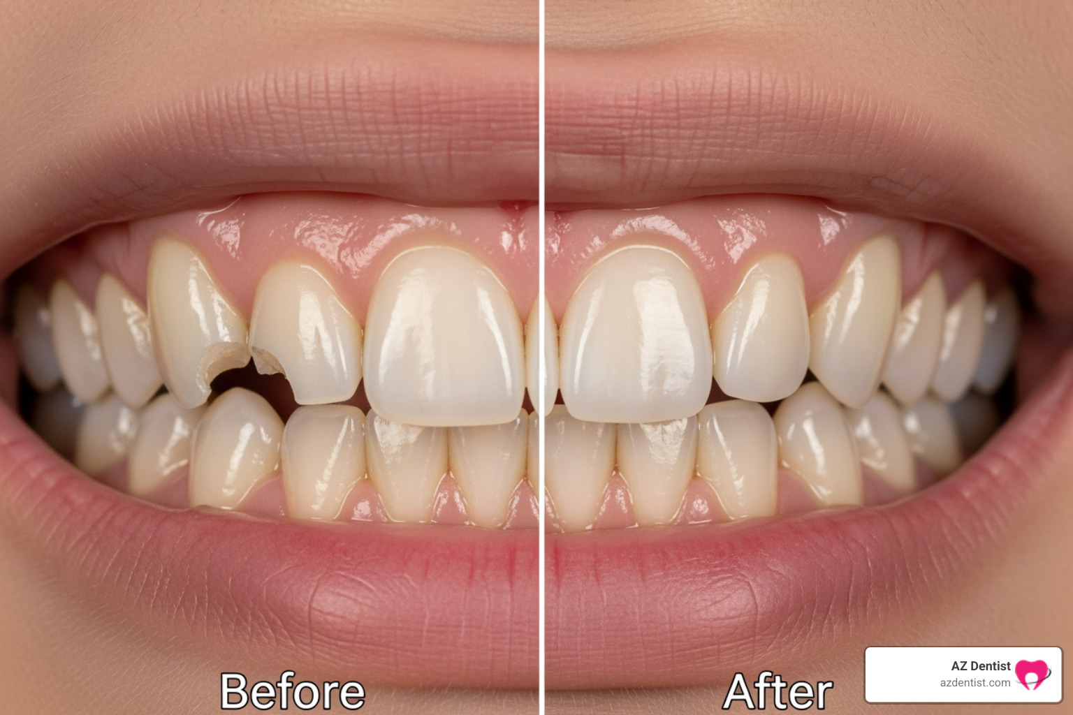 Before and after photos of a chipped tooth repaired with dental bonding - dental bonding composite
