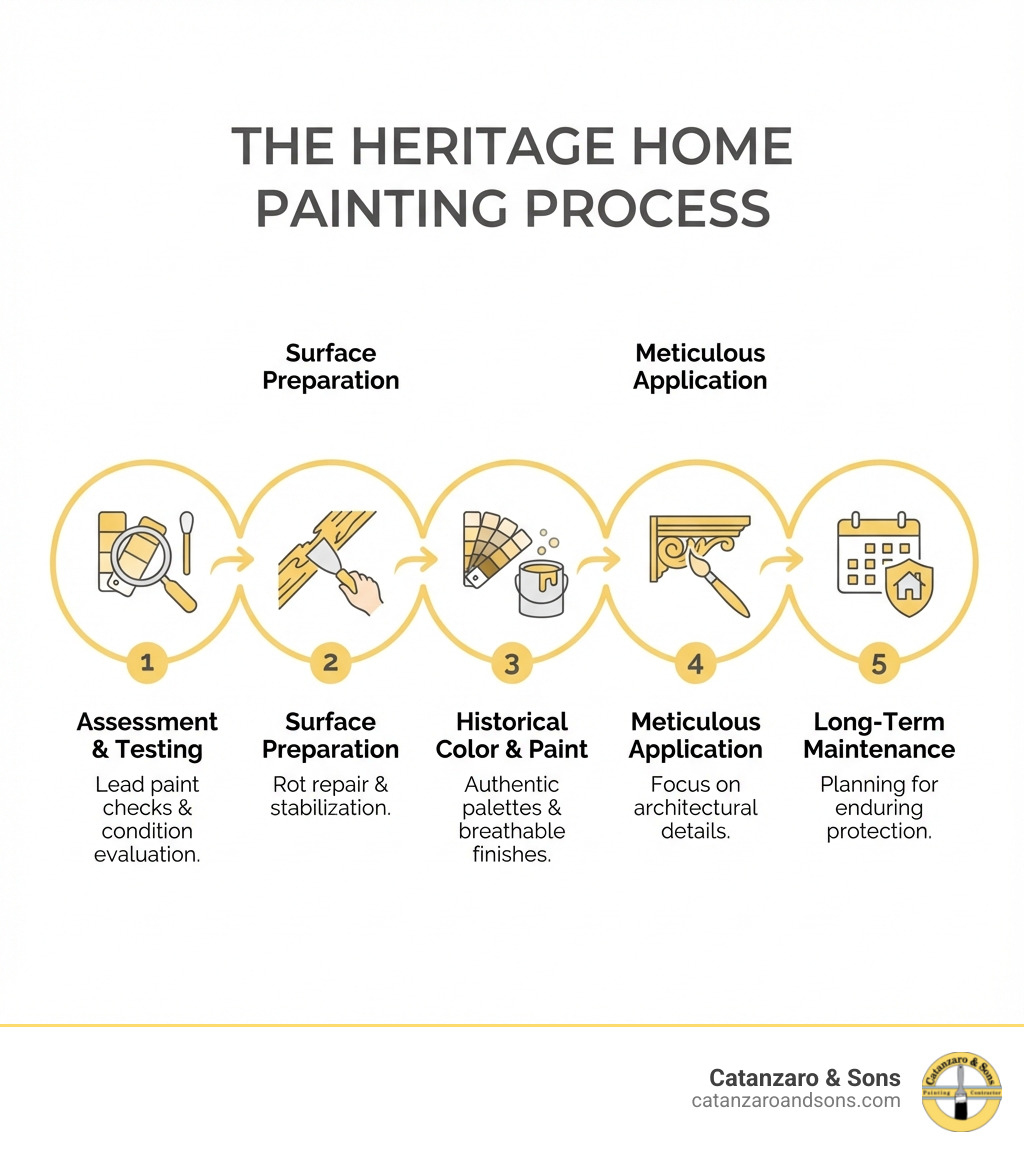 Infographic showing heritage home painting process: Assessment and testing for lead paint, Surface preparation including rot repair and stabilization, Historical color consultation and breathable paint selection, Meticulous application with attention to architectural details, Long-term maintenance planning for protection - heritage home painters infographic Infographic showing heritage home painting process: Assessment and testing for lead paint, Surface preparation including rot repair and stabilization, Historical color consultation and breathable paint selection, Meticulous application with attention to architectural details, Long-term maintenance planning for protection - heritage home painters infographic