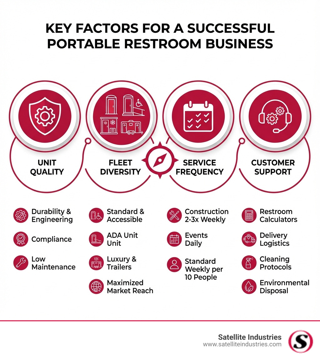 Infographic showing the key factors for a successful portable restroom business: Unit Quality (durability, engineering, compliance), Fleet Diversity (standard, accessible, luxury, trailers), Service Frequency (construction sites 2-3x weekly, events daily, standard weekly for 10 people), and Customer Support (restroom calculators, delivery logistics, cleaning protocols, environmental disposal) - portable toilet units infographic 
