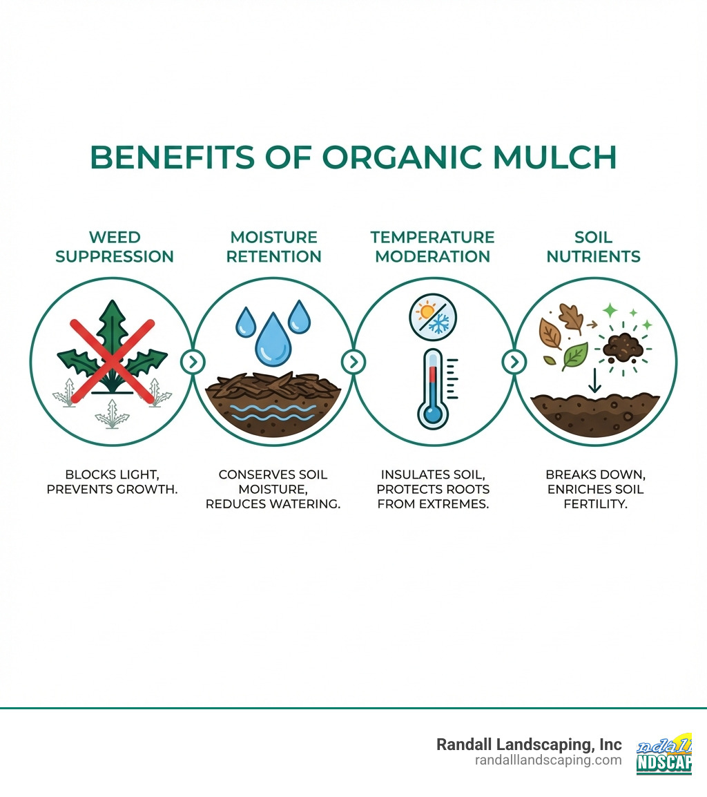 infographic showing four key benefits of organic mulch: a crossed-out weed representing weed suppression, water droplets for moisture retention, a thermometer showing temperature moderation, and leaves decomposing into soil nutrients - organic mulch for flower beds infographic infographic showing four key benefits of organic mulch: a crossed-out weed representing weed suppression, water droplets for moisture retention, a thermometer showing temperature moderation, and leaves decomposing into soil nutrients - organic mulch for flower beds infographic
