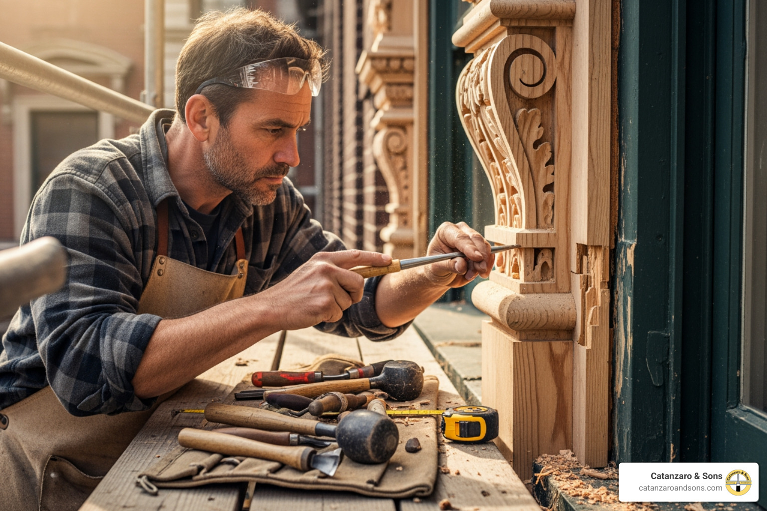 carpenter repairing wood trim - historic building restoration carpenter repairing wood trim - historic building restoration