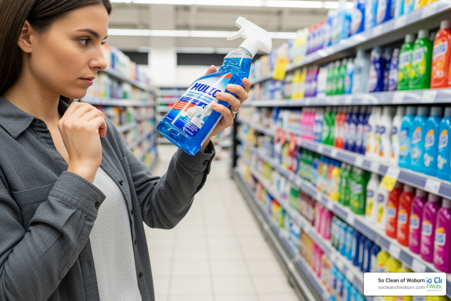 consumer examining the label of a cleaning product in a store aisle - do eco friendly cleaning products work