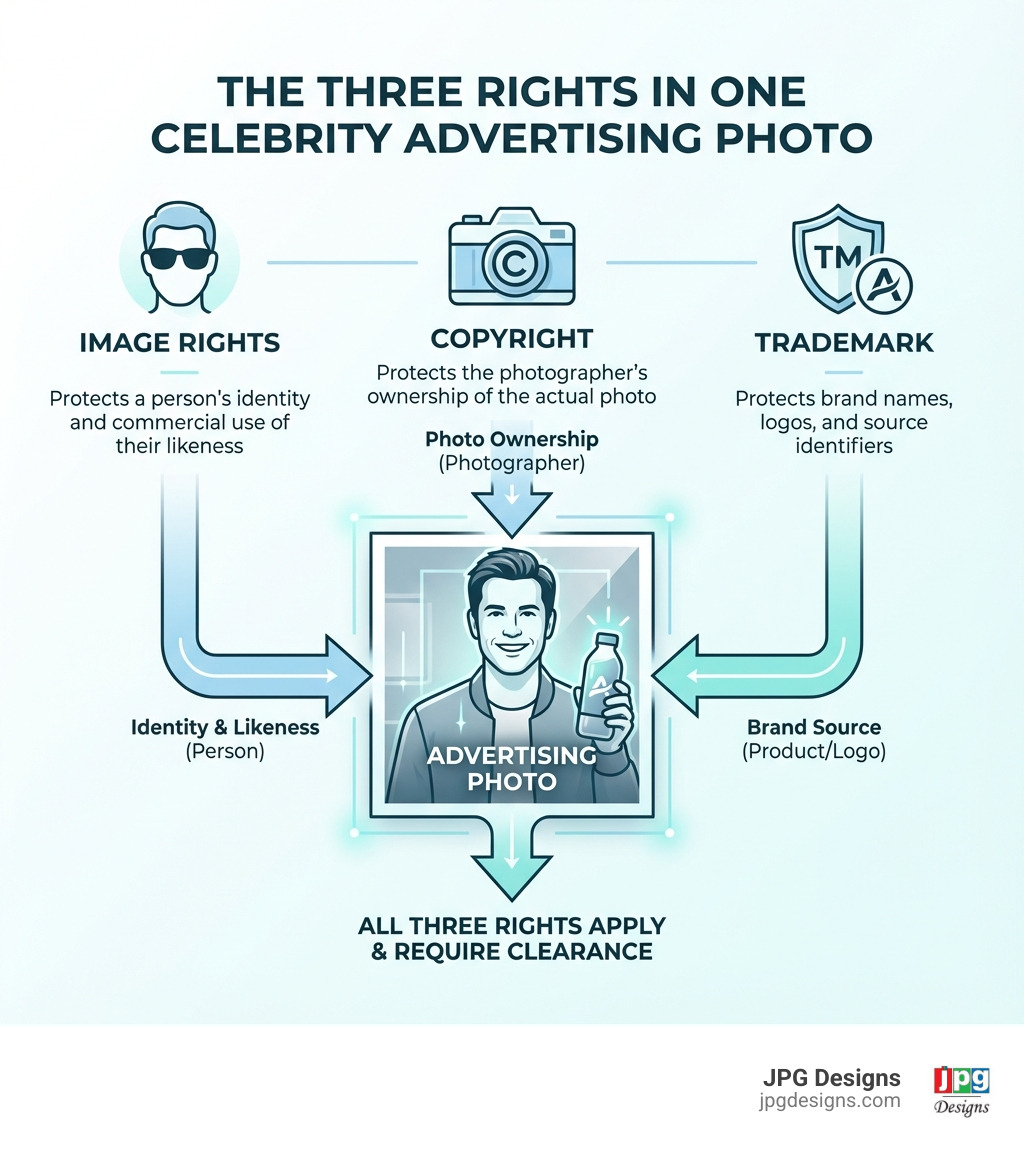 Infographic showing three columns: Image Rights (protects a person's identity and commercial use of their likeness), Copyright (protects the photographer's ownership of the actual photo), and Trademark (protects brand names, logos, and source identifiers). Arrows show how all three can apply to a single celebrity photo used in advertising. - What are image rights? infographic 