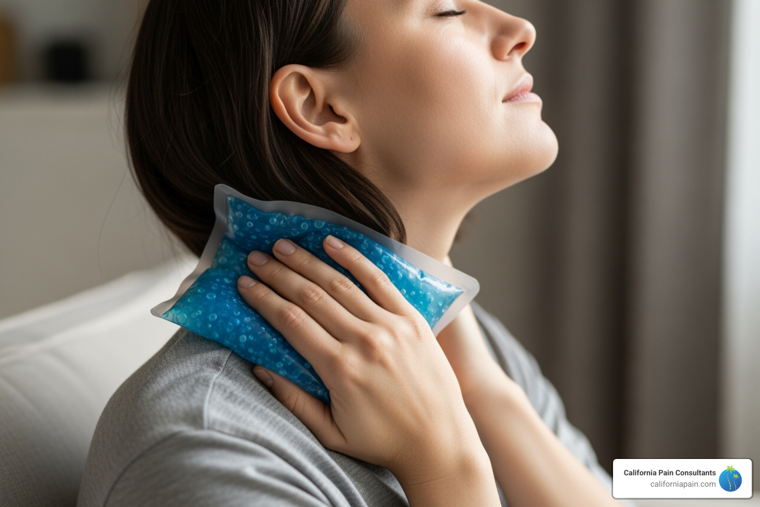 person applying cold pack to neck - neck pain relief