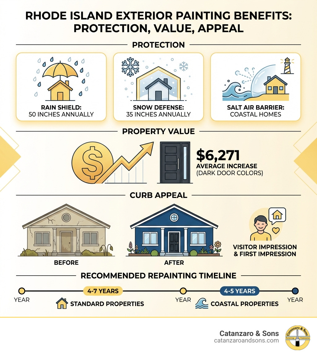 Infographic showing Rhode Island exterior painting benefits: Top section shows Protection with icons for rain shield (50 inches annually), snow defense (35 inches annually), and salt air barrier for coastal homes. Middle section displays Property Value with dollar sign showing $6,271 increase for dark door colors and upward trending arrow. Bottom section illustrates Curb Appeal with before/after home images and visitor impression icon. Timeline shows recommended repainting every 4-7 years, or 4-5 years for coastal properties. - Rhode Island exterior painting infographic Infographic showing Rhode Island exterior painting benefits: Top section shows Protection with icons for rain shield (50 inches annually), snow defense (35 inches annually), and salt air barrier for coastal homes. Middle section displays Property Value with dollar sign showing $6,271 increase for dark door colors and upward trending arrow. Bottom section illustrates Curb Appeal with before/after home images and visitor impression icon. Timeline shows recommended repainting every 4-7 years, or 4-5 years for coastal properties. - Rhode Island exterior painting infographic