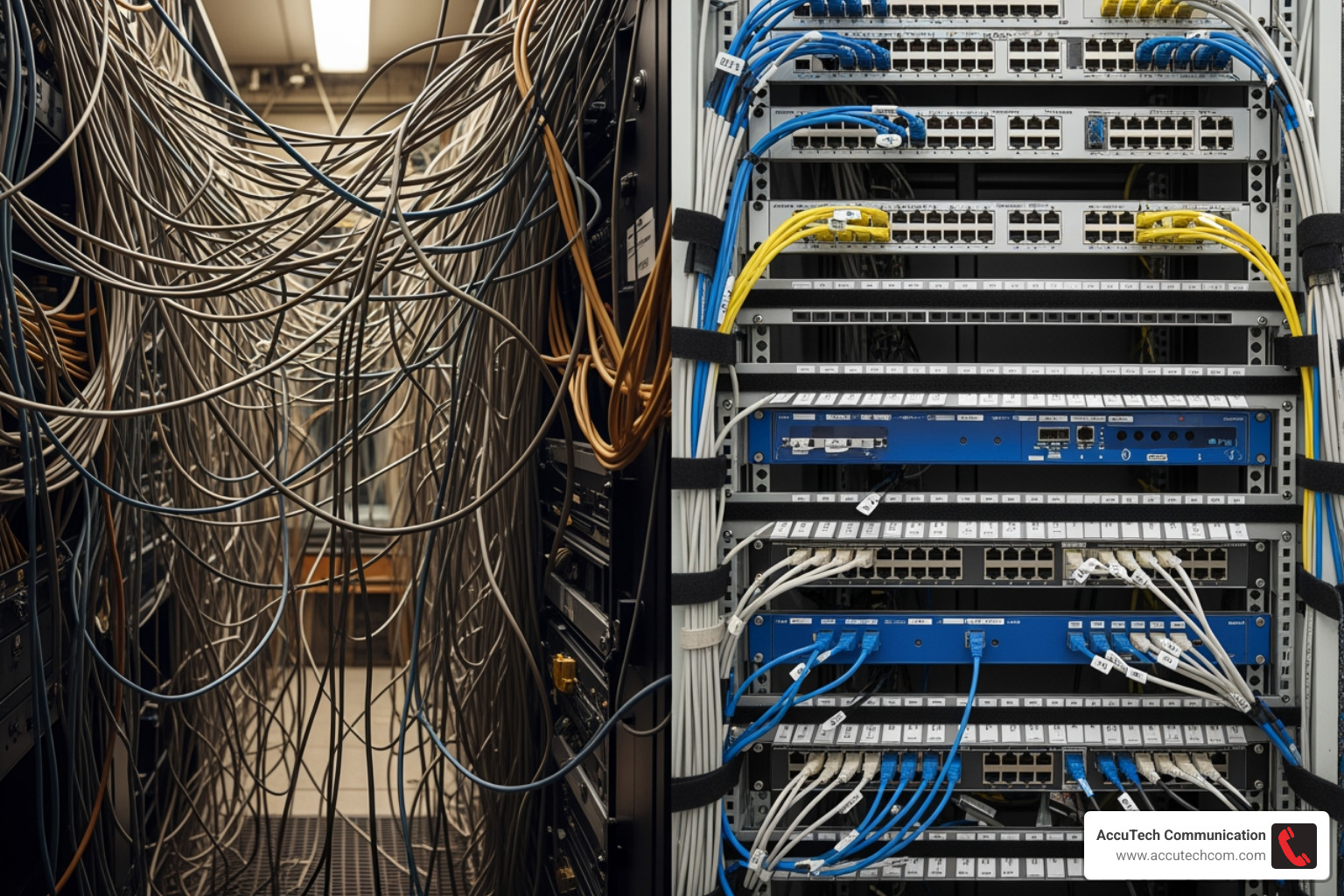 showing a side-by-side comparison of messy point-to-point wiring versus clean structured cabling - cabling infrastructure solutions showing a side-by-side comparison of messy point-to-point wiring versus clean structured cabling - cabling infrastructure solutions
