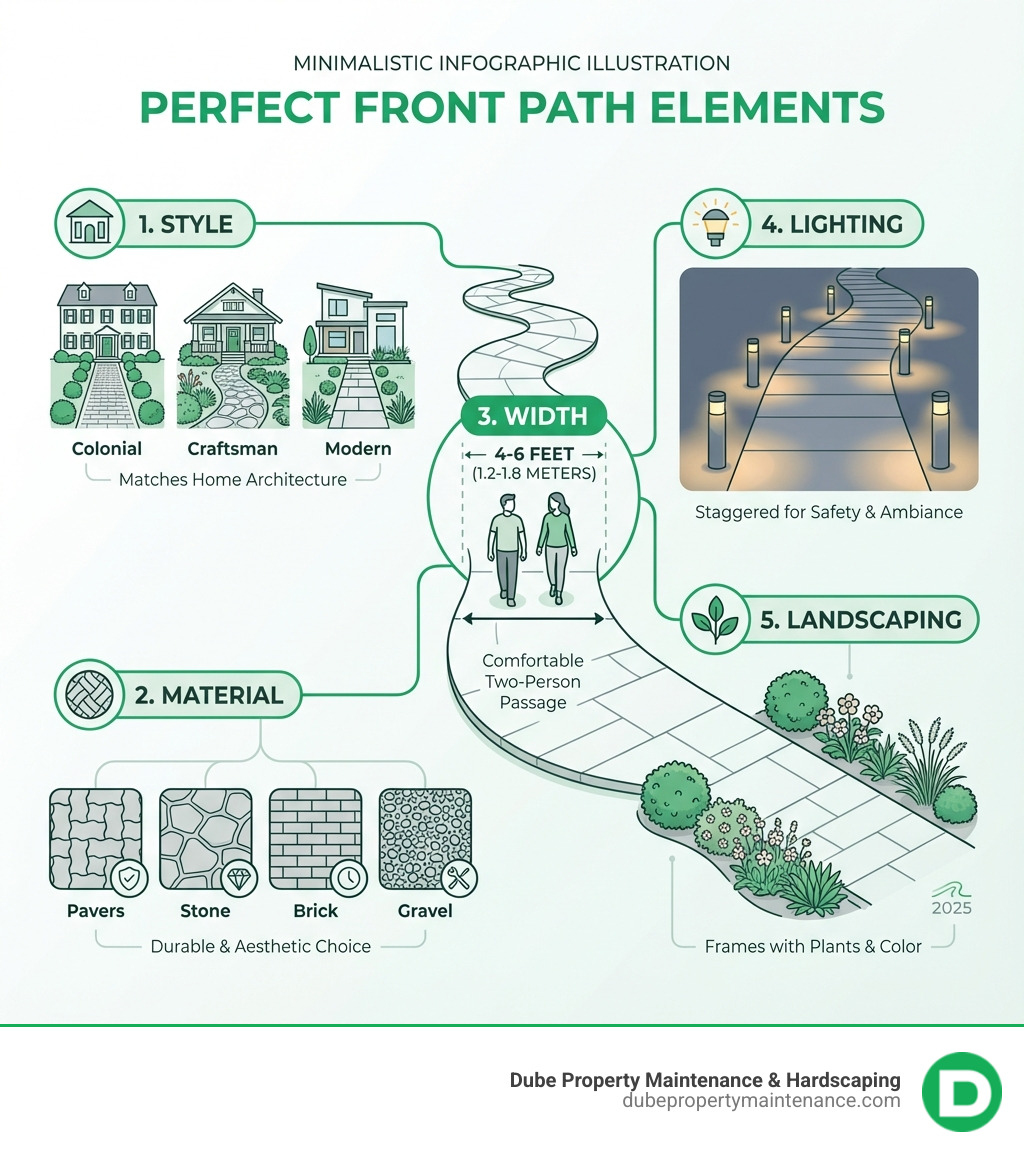 Infographic showing the five key elements of a perfect front path: Style (matching home architecture with visual examples), Material (pavers, stone, brick, gravel with icons), Width (4-6 feet measurement diagram), Lighting (staggered placement illustration), and Landscaping (border planting examples) - Path to front door infographic 