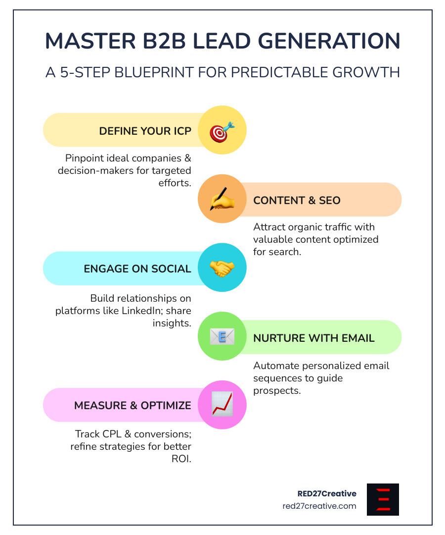 Infographic showing the complete B2B lead generation process from identifying ideal customer profiles through content marketing, SEO optimization, social media engagement, email nurturing, and conversion tracking with key metrics at each stage - Generate B2B sales leads infographic infographic-line-5-steps-colors Infographic showing the complete B2B lead generation process from identifying ideal customer profiles through content marketing, SEO optimization, social media engagement, email nurturing, and conversion tracking with key metrics at each stage - Generate B2B sales leads infographic infographic-line-5-steps-colors