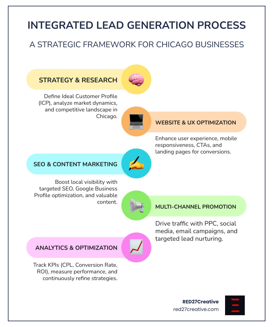 Infographic showing the lead generation process: Strategy & Research → Website Optimization → SEO & Local Search → Content Marketing → Multi-Channel Promotion → Lead Capture & Nurturing → Analytics & Optimization. Each stage includes key metrics like traffic sources, conversion rates, cost per lead, and ROI. - lead generation Chicago infographic infographic-line-5-steps-colors Infographic showing the lead generation process: Strategy & Research → Website Optimization → SEO & Local Search → Content Marketing → Multi-Channel Promotion → Lead Capture & Nurturing → Analytics & Optimization. Each stage includes key metrics like traffic sources, conversion rates, cost per lead, and ROI. - lead generation Chicago infographic infographic-line-5-steps-colors