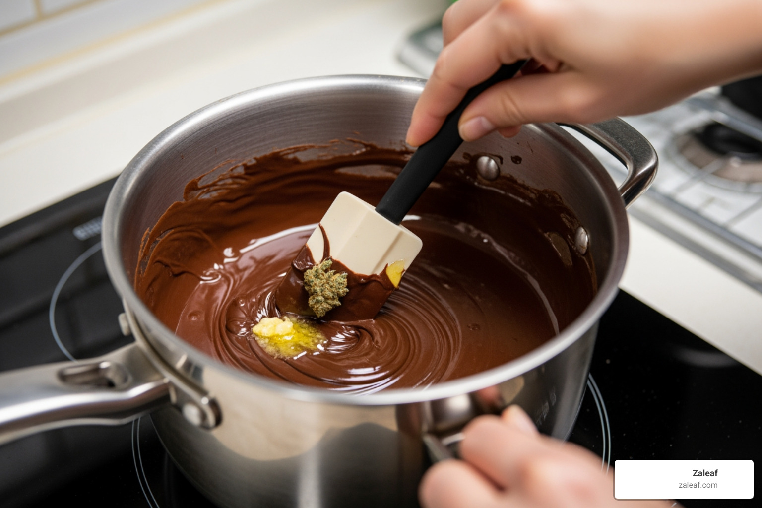 melted chocolate being stirred in a double boiler with cannabis-infused butter or oil - weed in chocolate