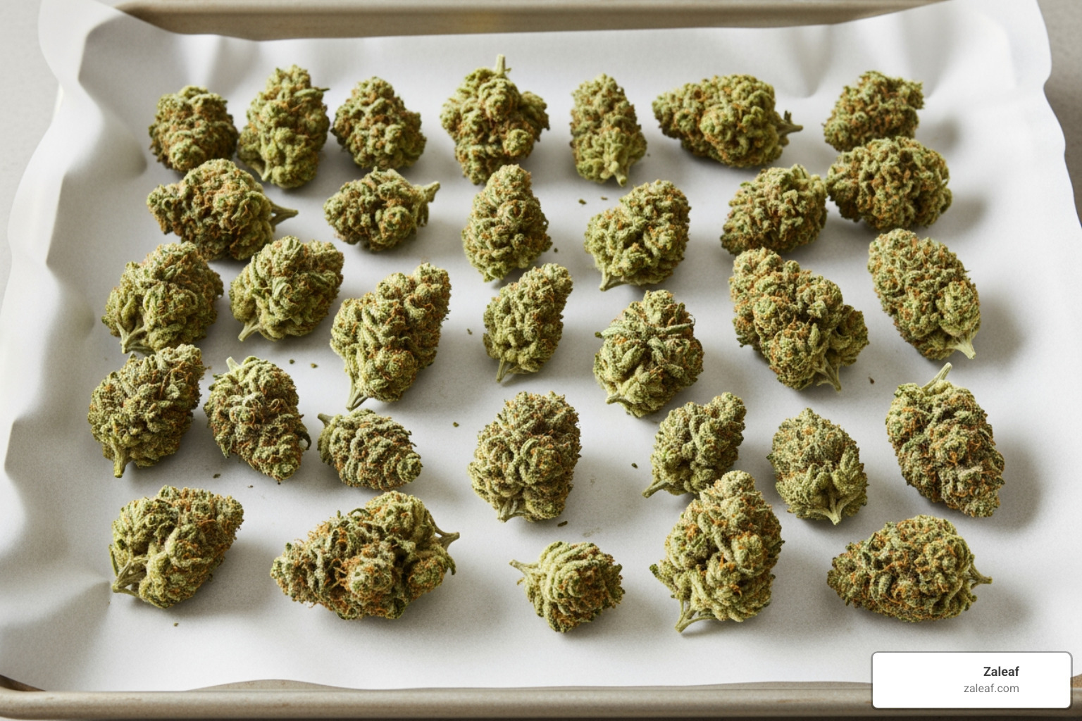 cannabis flower on a parchment-lined baking sheet ready for the oven - weed in chocolate