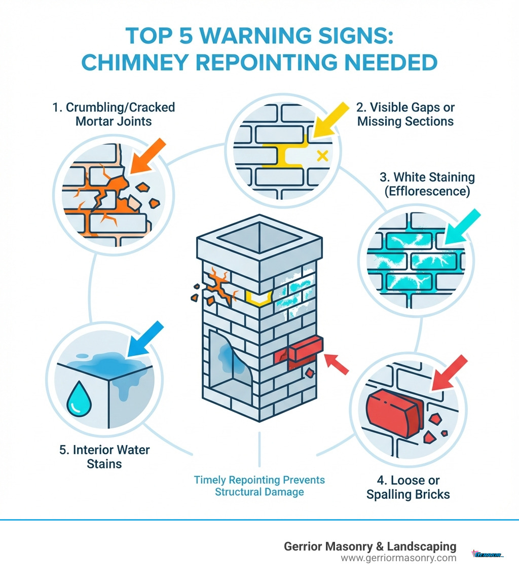 Infographic showing the top 5 warning signs your chimney needs repointing: 1) Crumbling or cracked mortar joints between bricks, 2) Visible gaps or missing mortar sections, 3) White staining on brick exterior (efflorescence), 4) Loose or spalling bricks that appear to be bulging outward, 5) Water stains on interior walls or ceilings near the chimney - chimney pointing near me infographic 