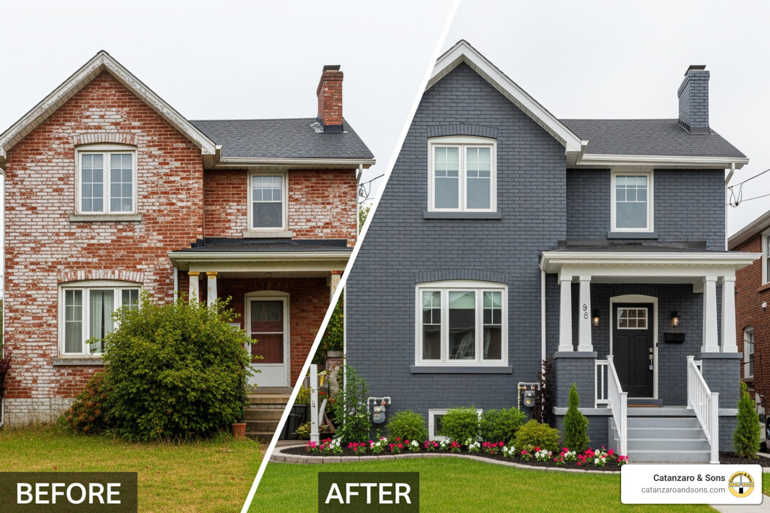 before and after of a painted brick house - rhode island exterior brick painting before and after of a painted brick house - rhode island exterior brick painting