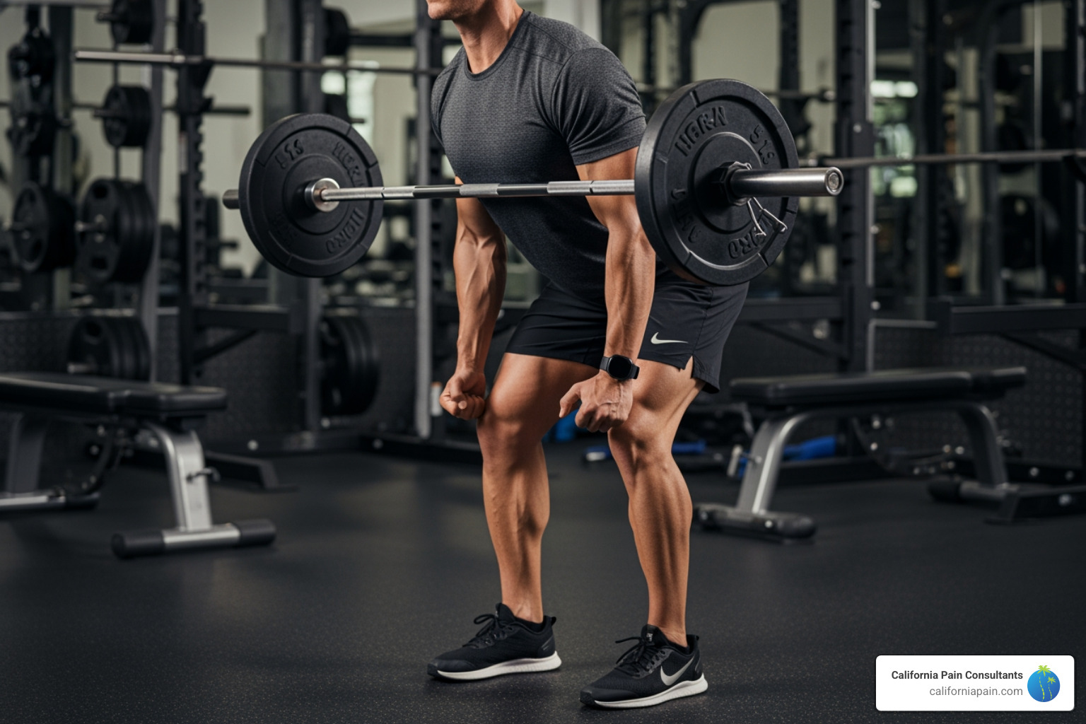 person performing barbell bent-over row - back compound exercises