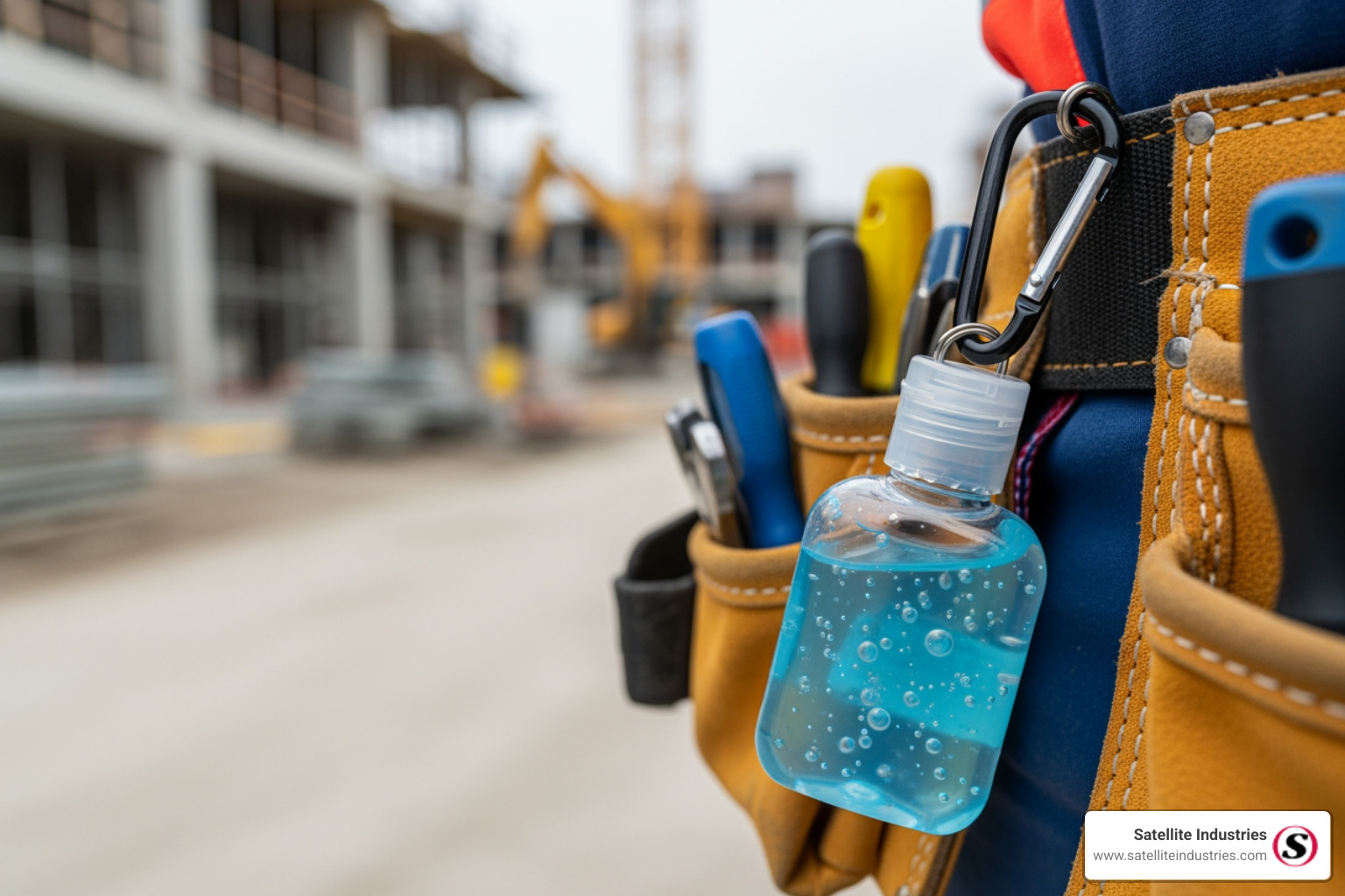 hand sanitizer tag clipped to a work belt on a construction site - hand sanitizer with bag tag