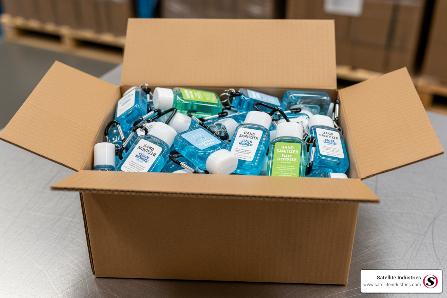 box of bulk hand sanitizers with carabiners ready for distribution - hand sanitizer with bag tag