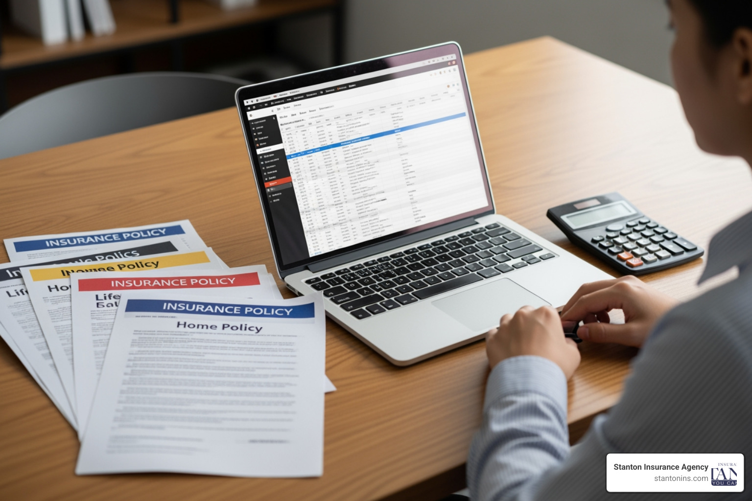 person on a laptop comparing different insurance documents with a calculator nearby - Car insurance quotes monthly