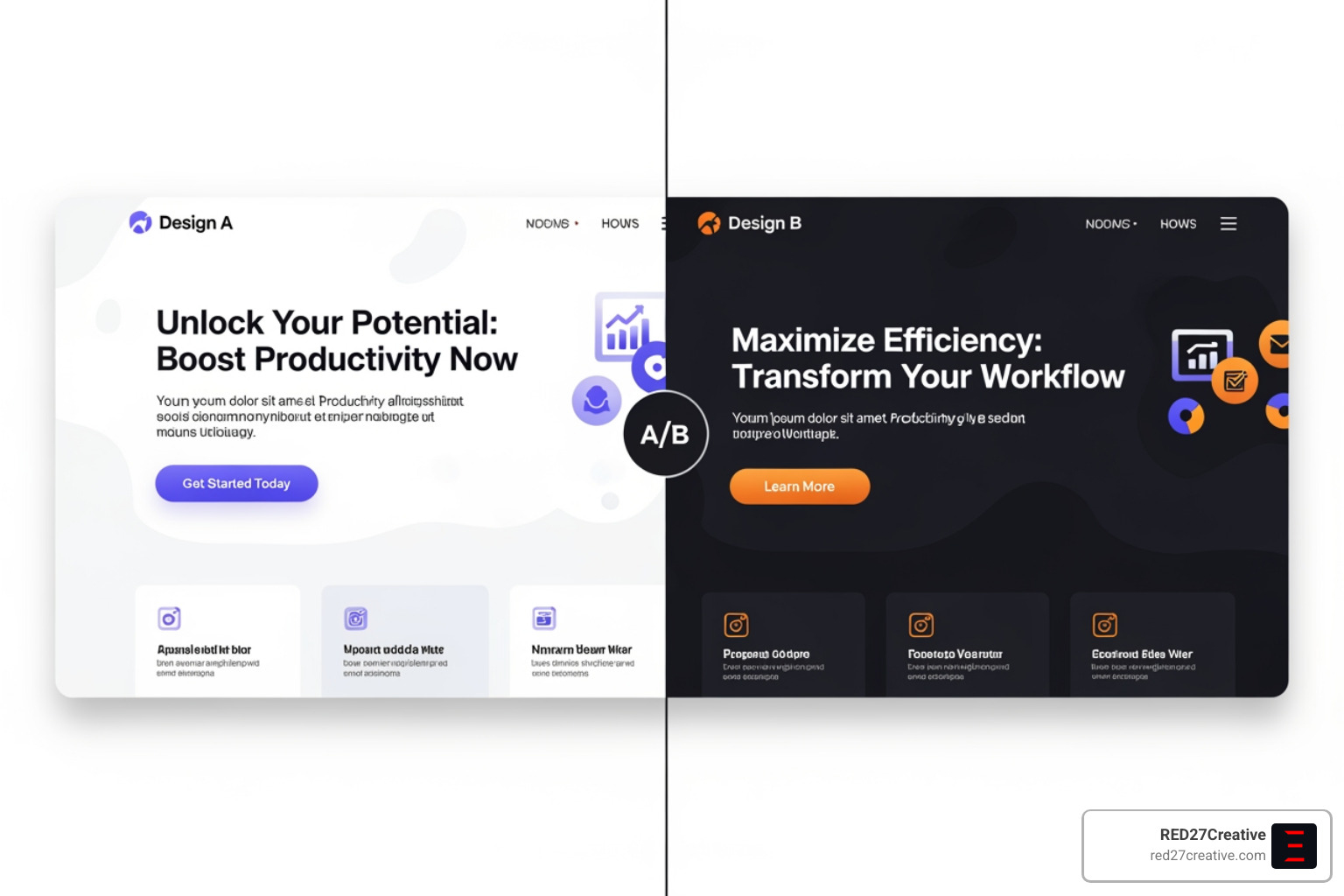 Split-screen showing a landing page A/B test with different headlines and calls to action. - Website conversion rate optimization Split-screen showing a landing page A/B test with different headlines and calls to action. - Website conversion rate optimization