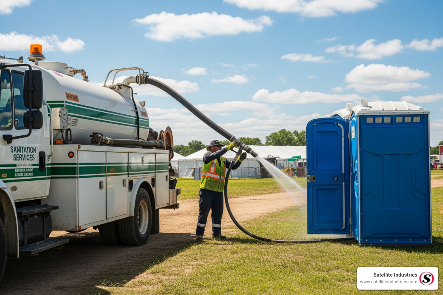 Image of a service truck cleaning a portable toilet unit - portable toilet units