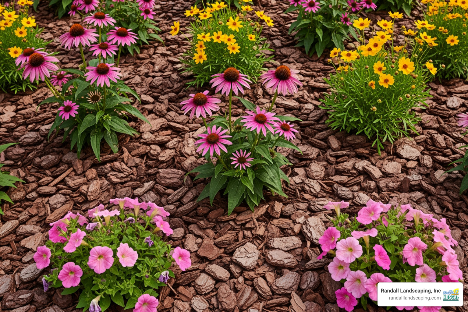 dark brown bark mulch neatly spread around perennial flowers - organic mulch for flower beds dark brown bark mulch neatly spread around perennial flowers - organic mulch for flower beds