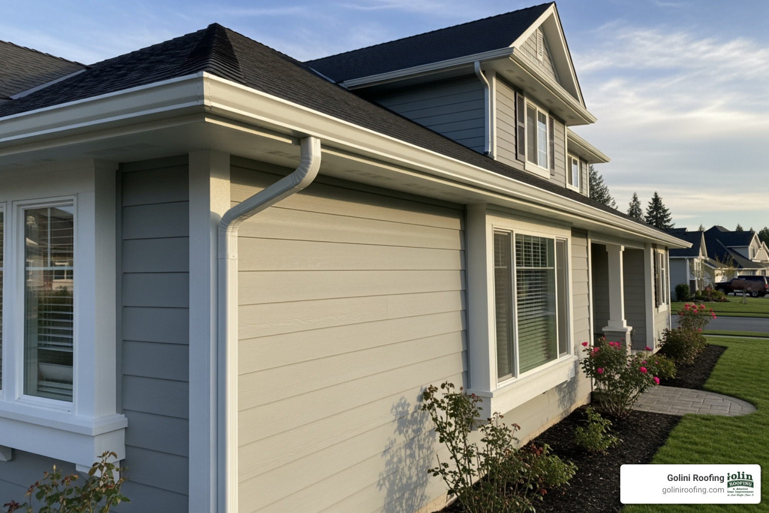 clean, white vinyl gutters on a residential house - rain gutters cost per linear foot clean, white vinyl gutters on a residential house - rain gutters cost per linear foot
