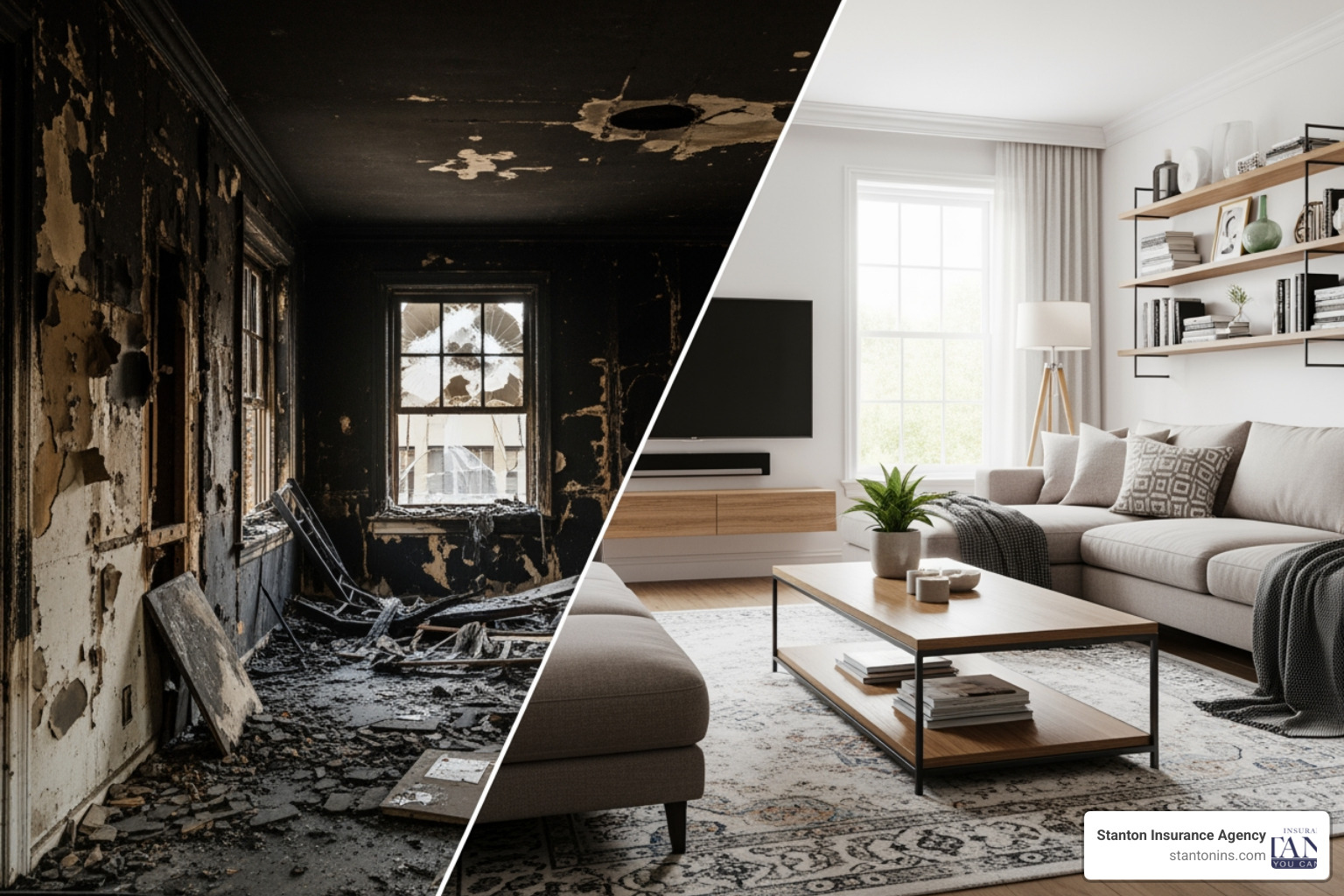 split-screen showing fire-damaged room and brand new furnished room - Best affordable tenant insurance