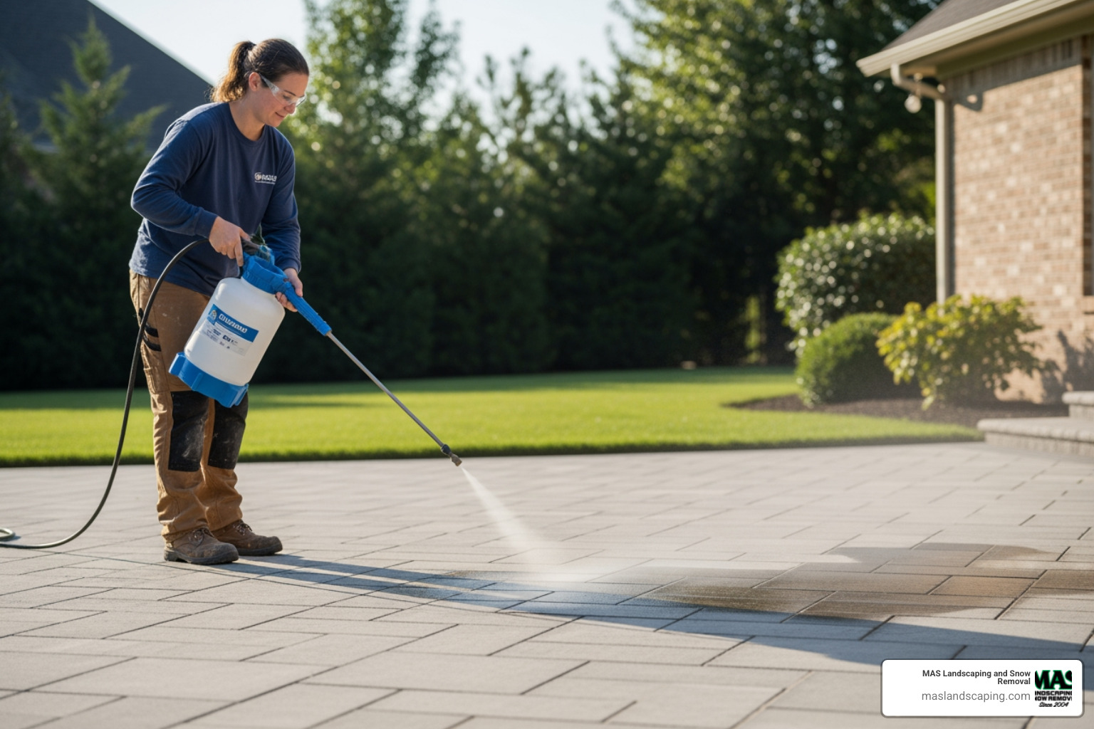 person spraying paver sealer - how to seal patio pavers