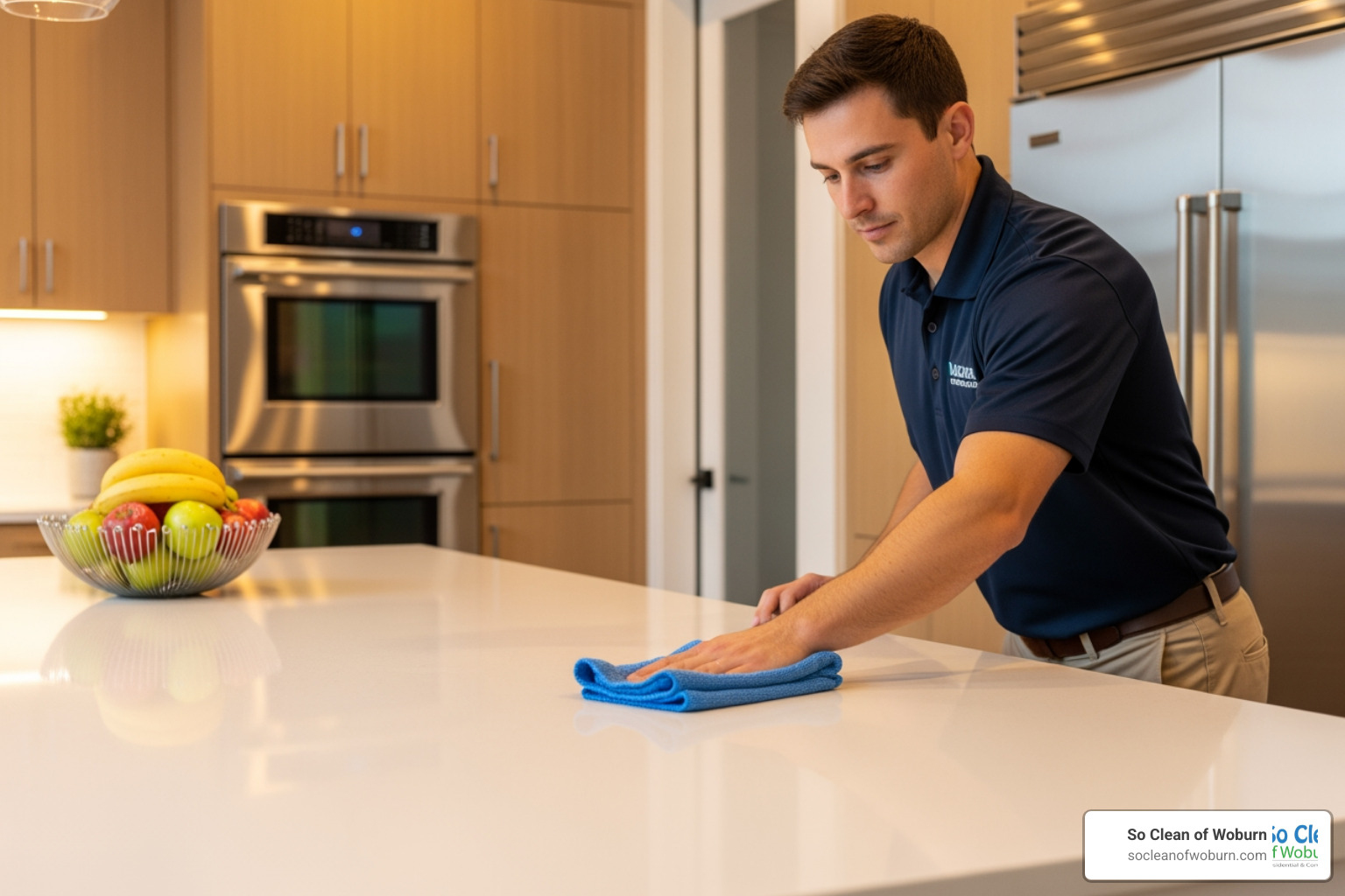 cleaning professional wiping down a sparkling kitchen counter - house cleaners cleaning service