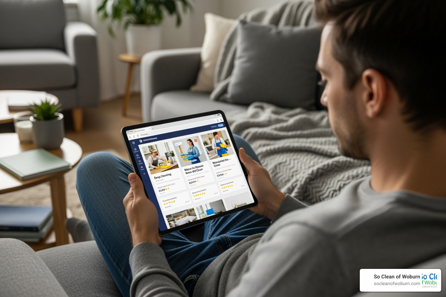 person comparing cleaning service options on a tablet - house cleaners cleaning service