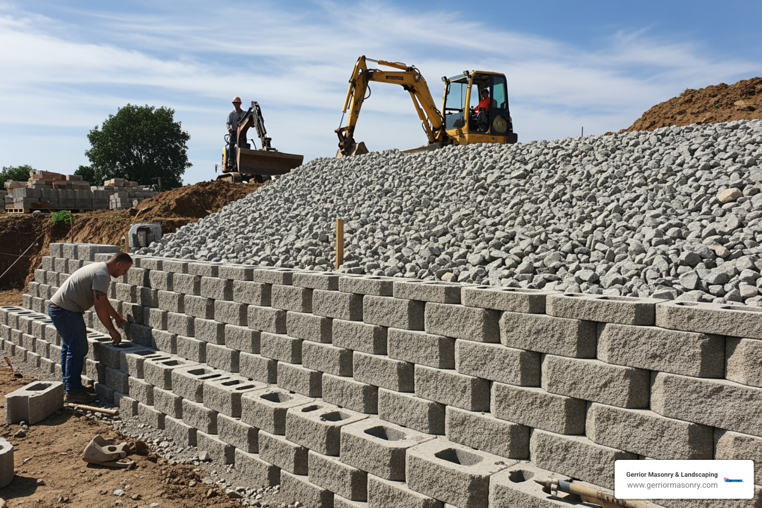 retaining wall construction process in progress, showing layers of blocks and backfill - build retaining walls