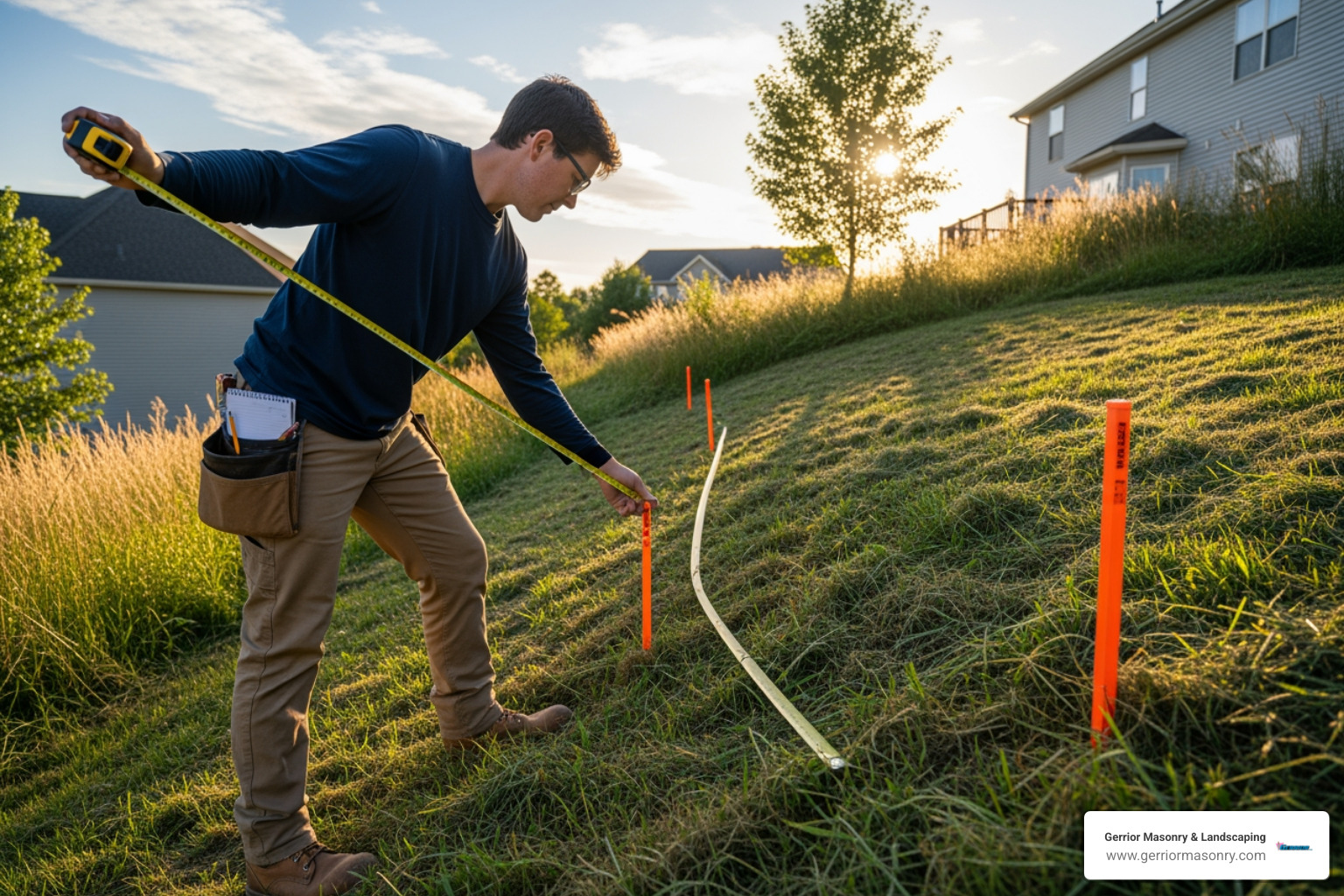 person surveying a sloped yard with measuring tape and stakes - build retaining walls