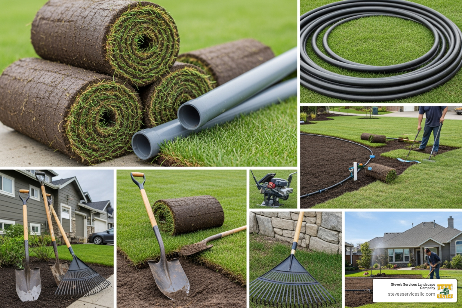 Infographic showing cost breakdown of combined sod and irrigation project: Sod Material (25-30%), Sod Labor (20-25%), Site Preparation including grading and soil work (15-20%), Irrigation System Parts including pipes, heads, and controllers (15-20%), Irrigation Labor including trenching and installation (15-20%) - irrigation and sod installation cost