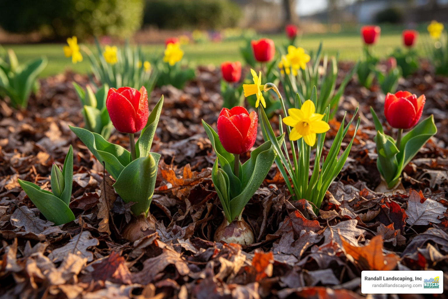 finely shredded autumn leaves used as mulch around spring bulbs - organic mulch for flower beds finely shredded autumn leaves used as mulch around spring bulbs - organic mulch for flower beds