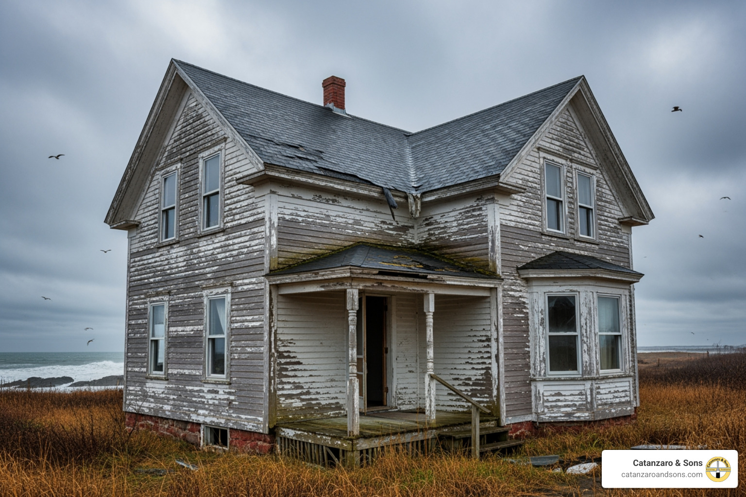 Coastal home in Newport with peeling paint due to weather - Rhode Island exterior painting Coastal home in Newport with peeling paint due to weather - Rhode Island exterior painting