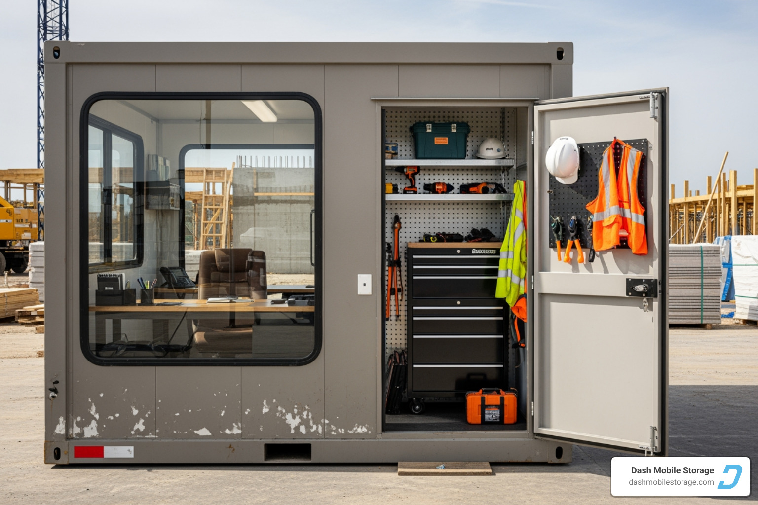 An office/storage combo unit with one half designed as a functional office space with desk and window, and the other half as secure storage for tools and equipment - portable office rental