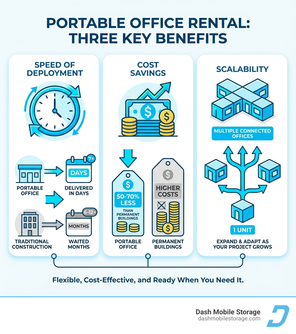 infographic showing three key benefits of portable office rentals: Speed of Deployment with clock icon showing days vs months for traditional construction, Cost Savings with dollar signs comparing 50-70% less than permanent buildings, and Scalability with modular units that can expand from 1 to multiple connected offices - portable office rental infographic 