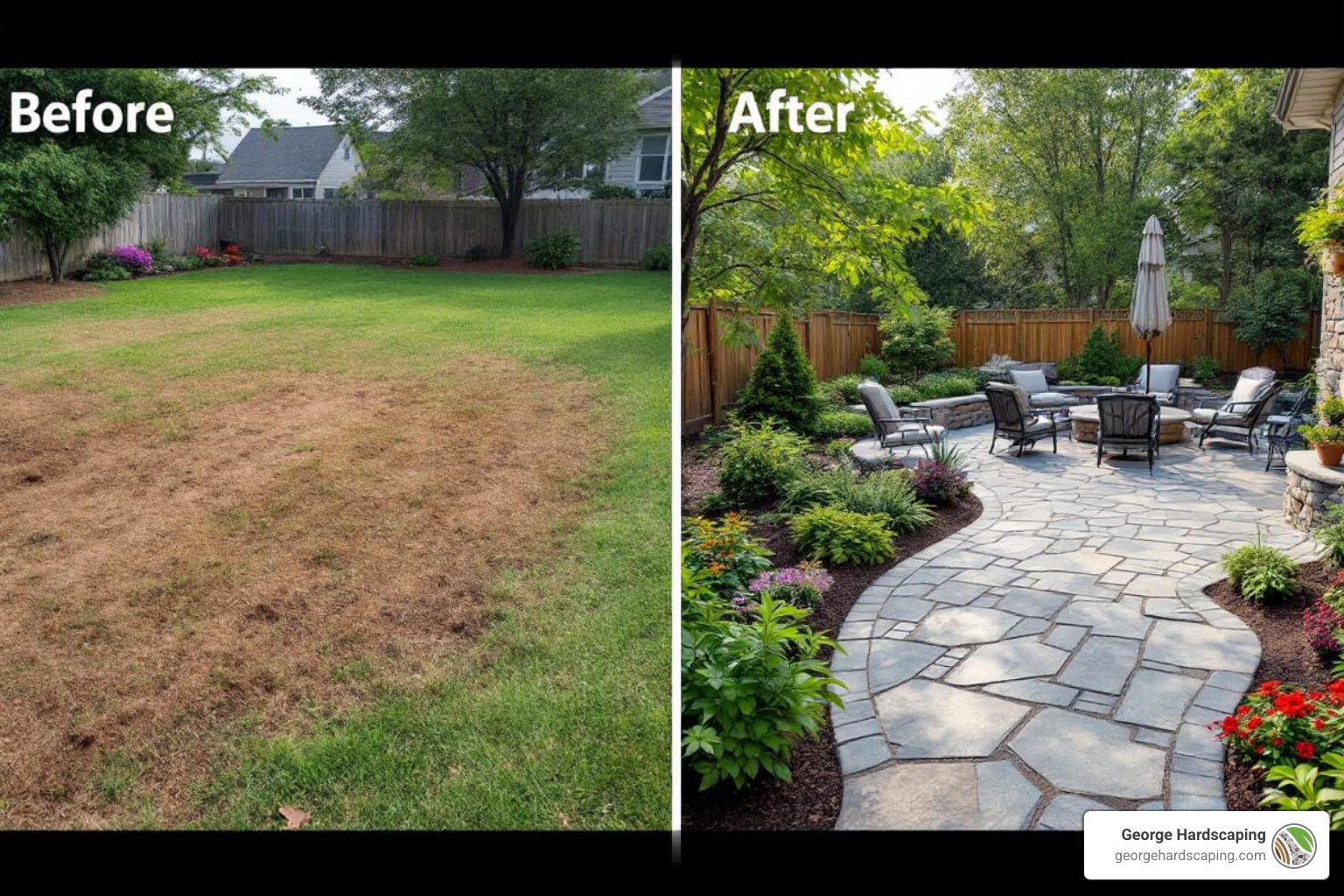 Before and after comparison of a backyard, showing a barren lawn transformed into a vibrant outdoor living space with a new bluestone patio, a winding paver walkway, and a decorative stone retaining wall - Landscape Masonry Before and after comparison of a backyard, showing a barren lawn transformed into a vibrant outdoor living space with a new bluestone patio, a winding paver walkway, and a decorative stone retaining wall - Landscape Masonry