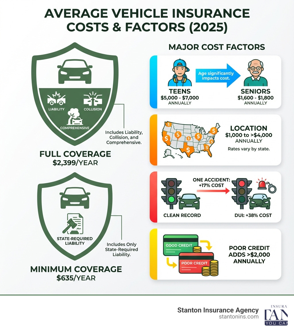 Infographic showing the breakdown of average vehicle insurance costs: Full coverage at $2,399/year includes liability, collision, and comprehensive coverage; minimum coverage at $635/year includes only state-required liability; major cost factors include driver age (teens pay $5,000-$7,000 annually while seniors pay $1,600-$1,800), location (rates vary by state from $1,000 to over $4,000 annually), driving record (clean record vs. one accident increases cost by 17%, DUI increases by 38%), and credit score (poor credit can add over $2,000 annually compared to good credit) - Average vehicle insurance infographic 