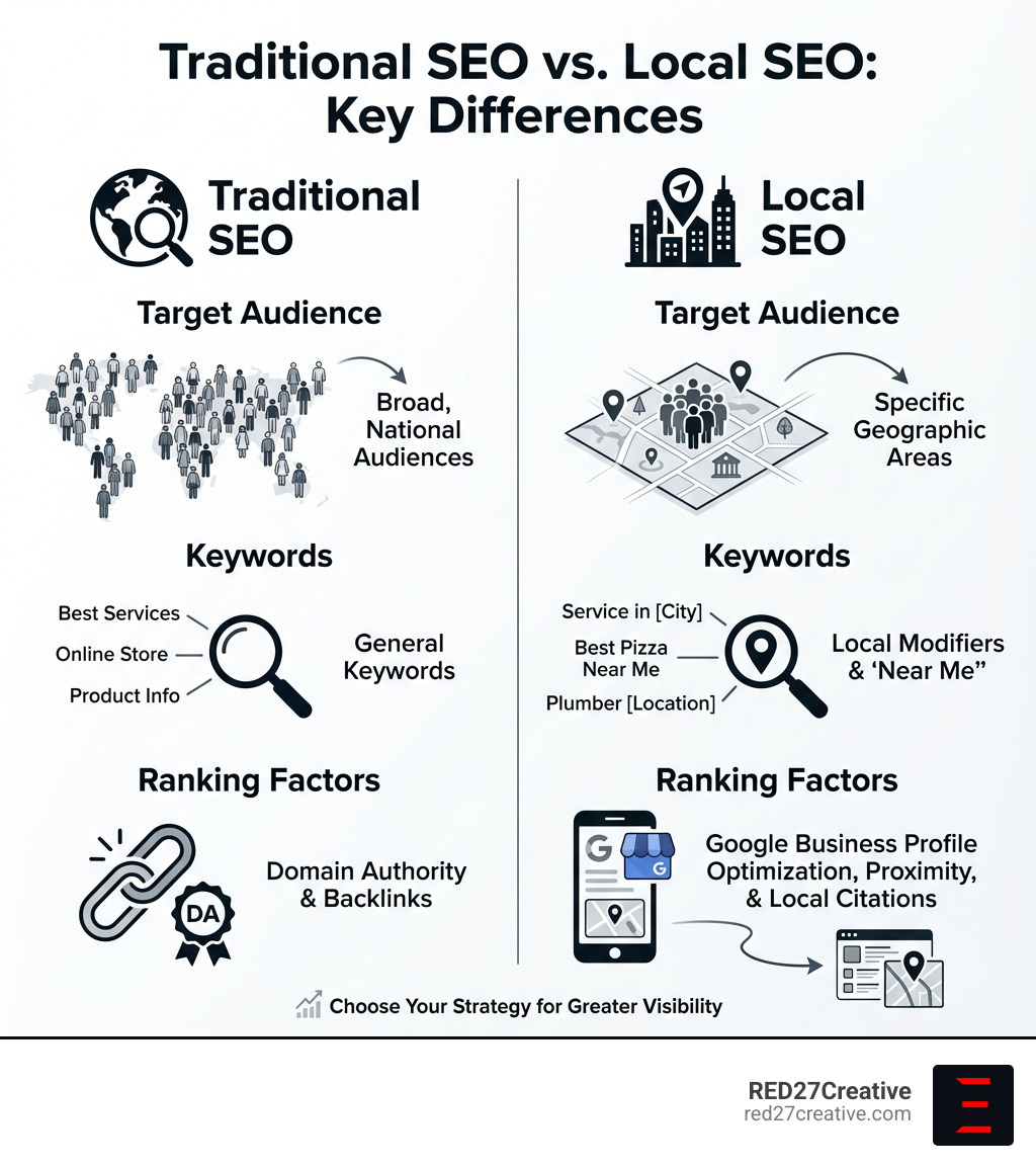 Infographic showing the key differences between traditional SEO and local SEO: Traditional SEO targets broad, national audiences with general keywords and relies on domain authority and backlinks, while local SEO focuses on specific geographic areas, prioritizes Google Business Profile optimization, emphasizes proximity and local citations, and targets keywords with local modifiers like city names and "near me" phrases - local SEO strategy infographic Infographic showing the key differences between traditional SEO and local SEO: Traditional SEO targets broad, national audiences with general keywords and relies on domain authority and backlinks, while local SEO focuses on specific geographic areas, prioritizes Google Business Profile optimization, emphasizes proximity and local citations, and targets keywords with local modifiers like city names and "near me" phrases - local SEO strategy infographic