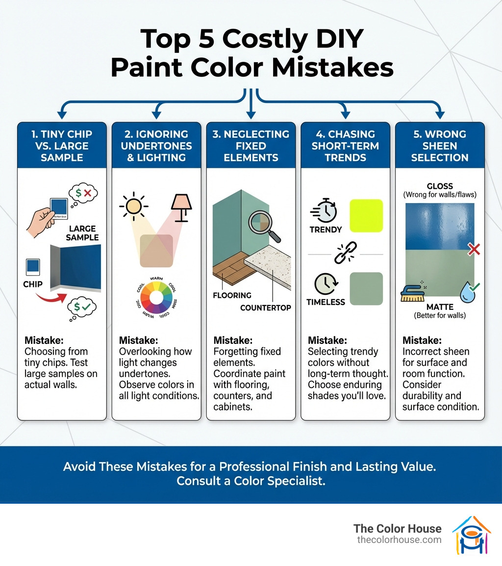 Infographic showing the top 5 costly mistakes of DIY paint color selection: 1) Choosing color from a tiny chip instead of testing large samples, 2) Ignoring undertones and how they interact with lighting, 3) Not considering existing fixed elements like flooring and countertops, 4) Selecting trendy colors without thinking long-term, 5) Choosing the wrong paint sheen for the surface and room function - color specialist interior design infographic 