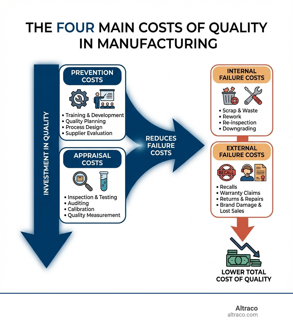 infographic showing the four main costs of quality: prevention costs including training and planning, appraisal costs including inspection and testing, internal failure costs including scrap and rework, and external failure costs including recalls and warranty claims, with arrows showing how investing in prevention and appraisal reduces failure costs - quality control in manufacturing infographic 