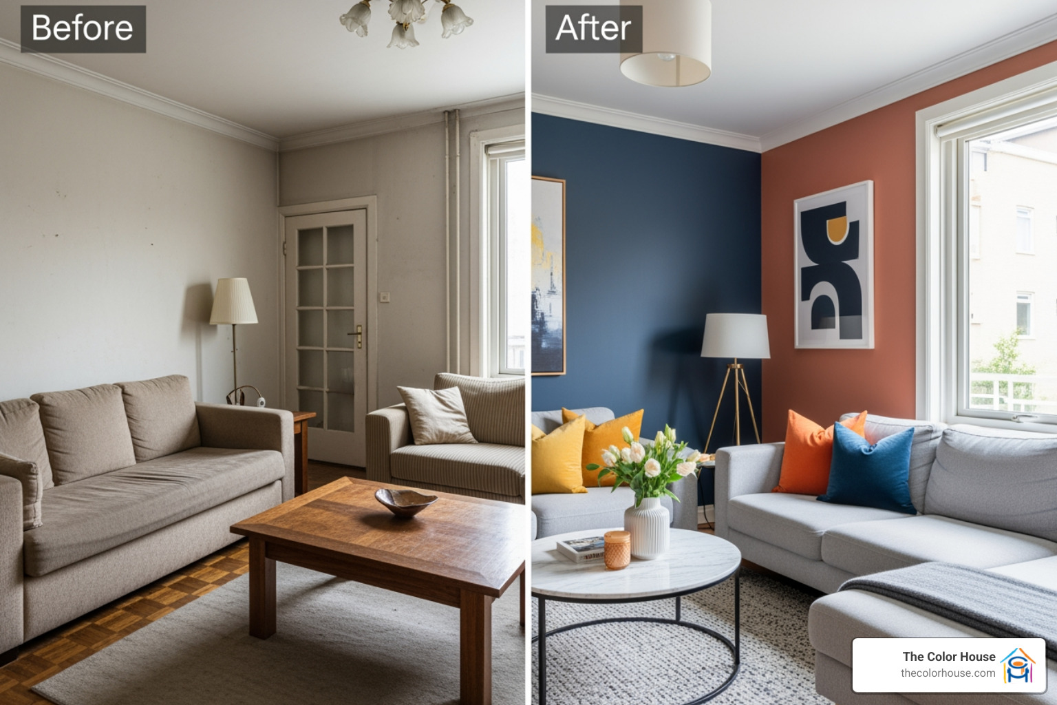 before-and-after split screen showing a room transformed by a new color palette - color specialist interior design