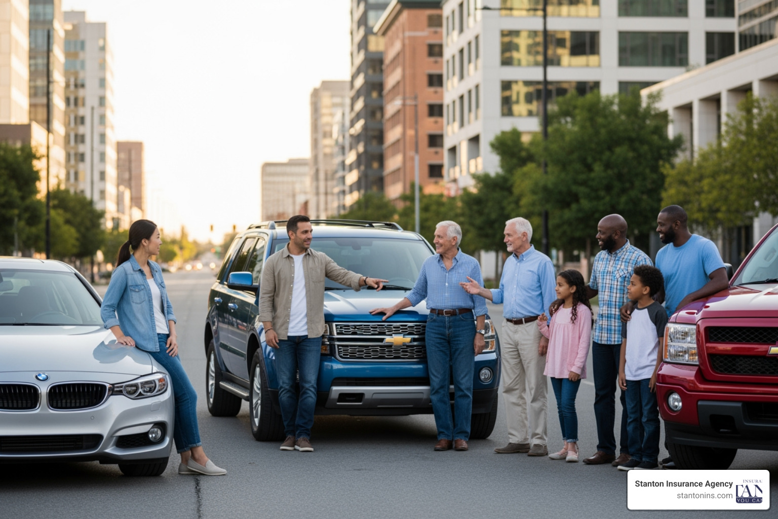 a diverse group of people next to different types of cars (sedan, SUV, truck) to represent demographic and vehicle factors. - Average vehicle insurance