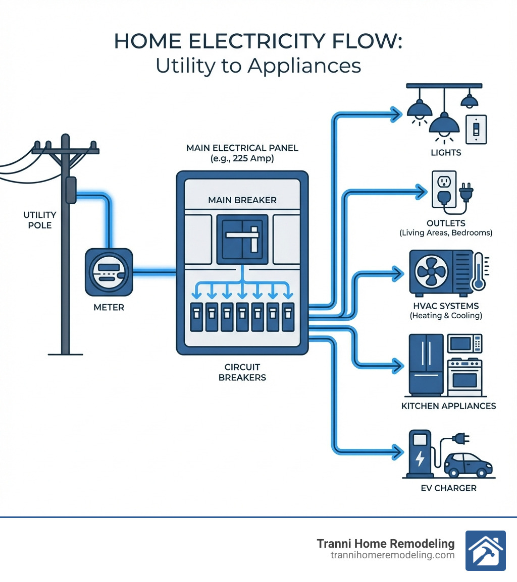 Infographic showing the flow of electricity from the utility pole through the meter, into the main electrical panel where it splits into individual circuits controlled by breakers, then distributing to various rooms and appliances throughout the home including lights, outlets, HVAC systems, kitchen appliances, and EV chargers - 220 amp panel infographic 