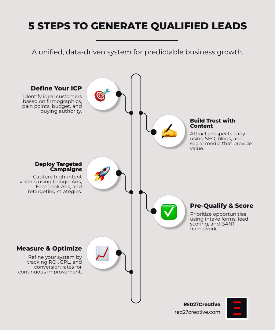Infographic showing the five core stages of qualified lead generation: defining your ICP, building trust with content, deploying targeted campaigns, pre-qualifying and scoring leads, and measuring ROI for continuous optimization - generate qualified leads infographic infographic-line-5-steps-elegant_beige Infographic showing the five core stages of qualified lead generation: defining your ICP, building trust with content, deploying targeted campaigns, pre-qualifying and scoring leads, and measuring ROI for continuous optimization - generate qualified leads infographic infographic-line-5-steps-elegant_beige
