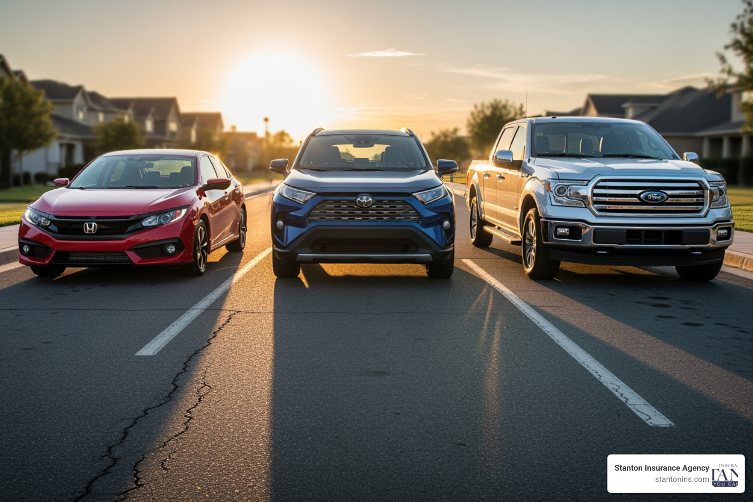 Different types of vehicles lined up, from a compact car to an SUV and a truck - Average vehicle insurance