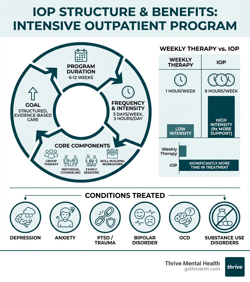 Infographic showing IOP structure: 3 days per week, 3 hours per day, 6-12 week duration, with breakdown of group therapy, individual counseling, family sessions, and skill-building workshops. Includes comparison of weekly therapy (1 hour/week) vs IOP (9 hours/week) and typical conditions treated including depression, anxiety, PTSD, trauma, bipolar disorder, and substance use disorders - adult intensive outpatient mental health programs in florida infographic 