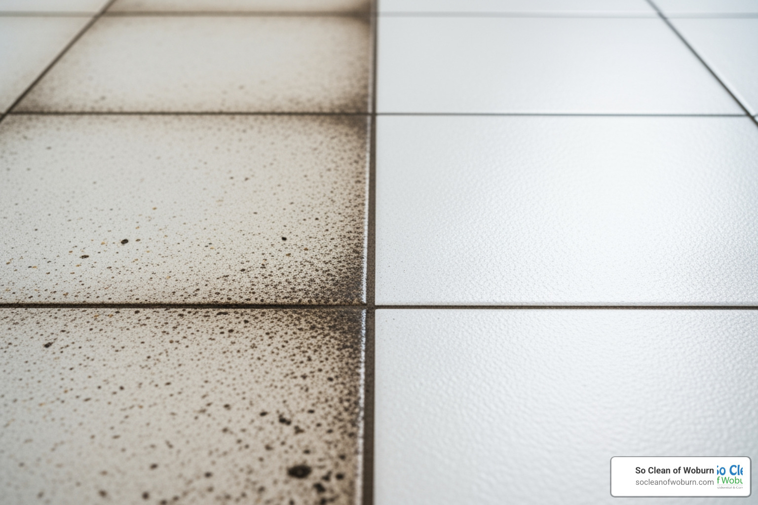A dirty, stained grout line next to a professionally cleaned one, highlighting the dramatic difference in appearance - commercial tile cleaner