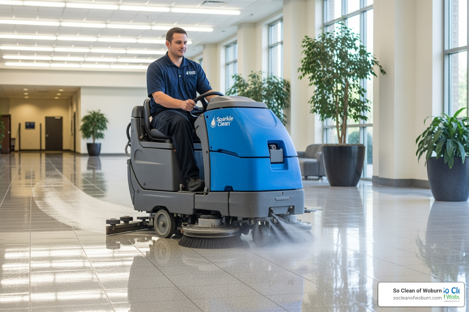 A cleaning professional using an auto-scrubber on a large tile floor, demonstrating efficient and thorough cleaning - commercial tile cleaner